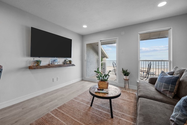 living room featuring a textured ceiling and light hardwood / wood-style flooring