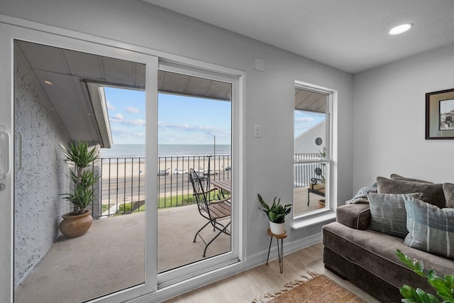 entryway with a water view, a beach view, and light hardwood / wood-style floors