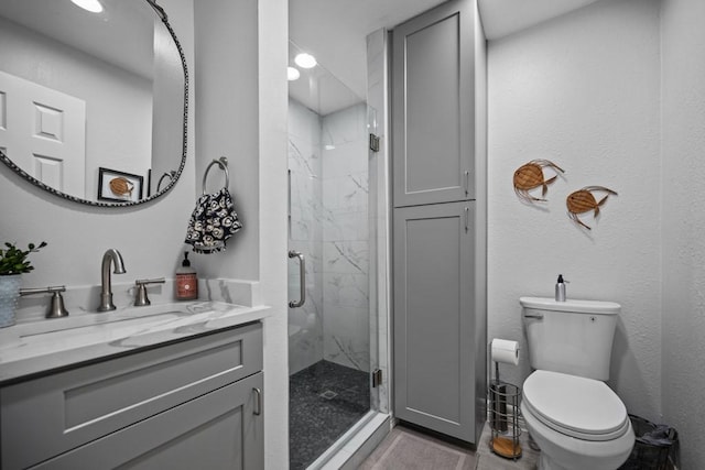 bathroom featuring vanity, a shower with door, and toilet