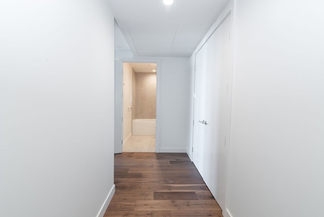 hallway with dark hardwood / wood-style flooring