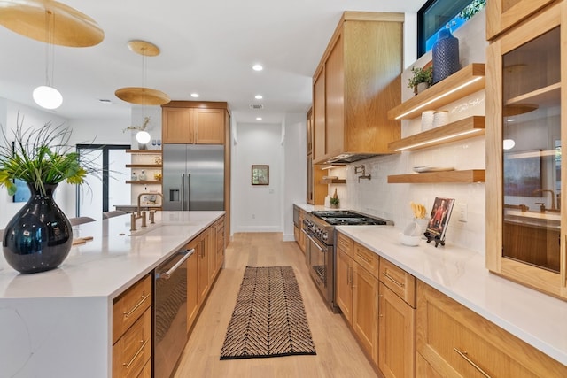 kitchen featuring light hardwood / wood-style floors, tasteful backsplash, high quality appliances, decorative light fixtures, and sink