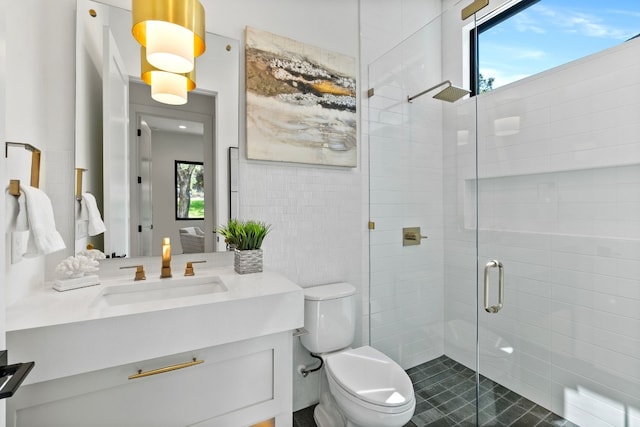 bathroom with vanity, toilet, a shower with door, and a wealth of natural light