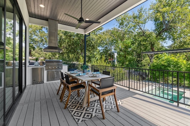 wooden deck featuring a fenced in pool, area for grilling, and ceiling fan