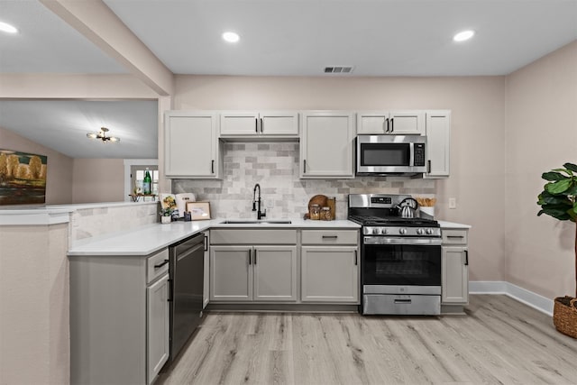 kitchen featuring appliances with stainless steel finishes, tasteful backsplash, sink, and light wood-type flooring