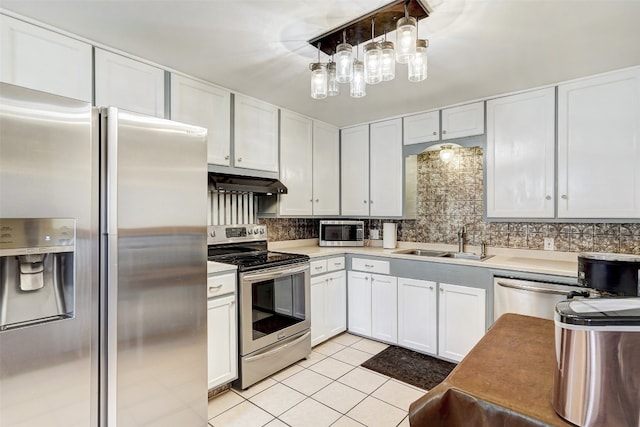 kitchen with sink, white cabinets, appliances with stainless steel finishes, backsplash, and decorative light fixtures