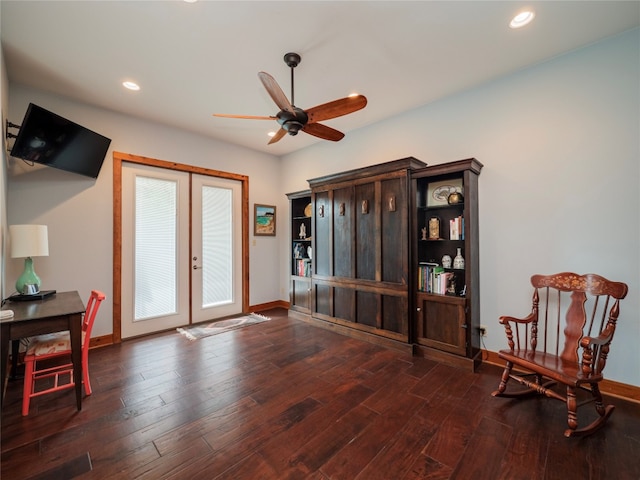 sitting room with ceiling fan, french doors, and dark hardwood / wood-style flooring