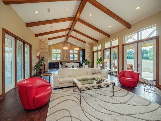 living room with high vaulted ceiling, dark hardwood / wood-style floors, beam ceiling, and french doors