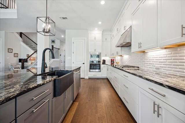 kitchen with visible vents, appliances with stainless steel finishes, dark wood-type flooring, under cabinet range hood, and a sink