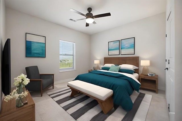 bedroom with light colored carpet, visible vents, ceiling fan, and baseboards