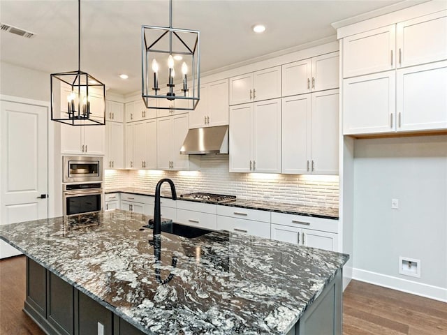 kitchen with a kitchen island with sink, under cabinet range hood, dark wood-type flooring, visible vents, and appliances with stainless steel finishes