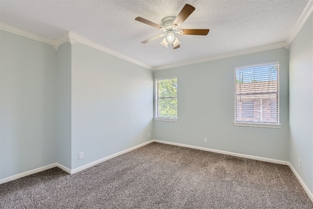 carpeted spare room with a textured ceiling, ceiling fan, and ornamental molding