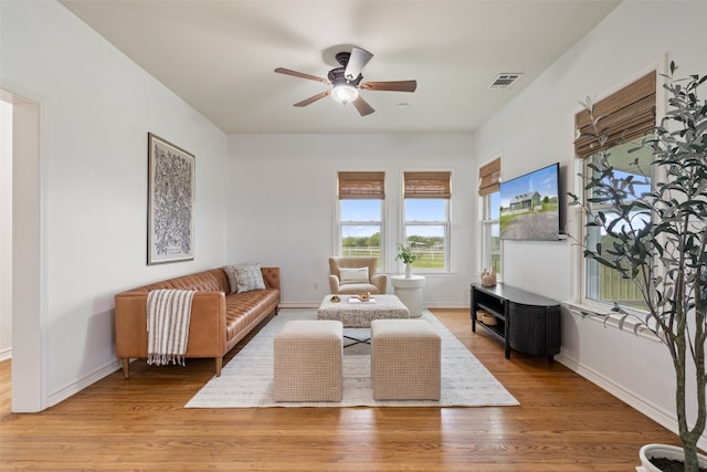 living room featuring ceiling fan and wood-type flooring