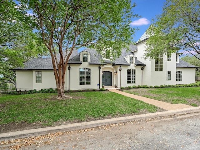 french provincial home with a front lawn