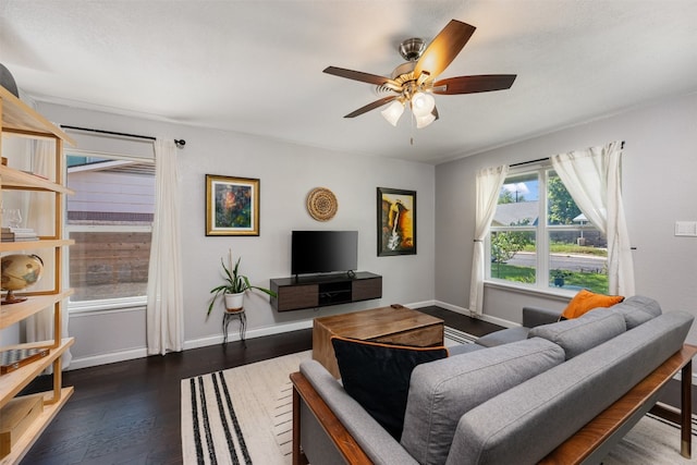 living room featuring ceiling fan and dark wood-type flooring