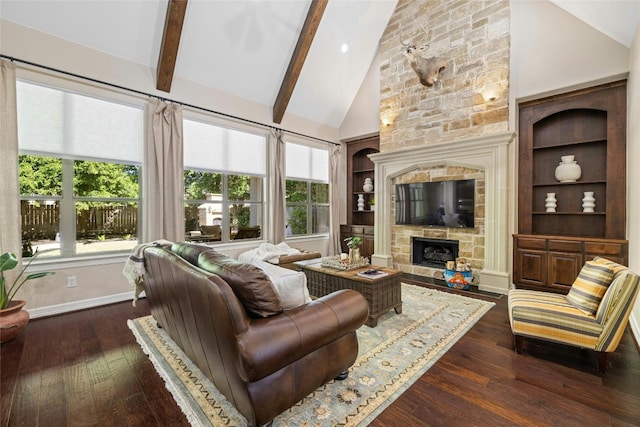 living room with high vaulted ceiling, a fireplace, beamed ceiling, built in shelves, and dark hardwood / wood-style floors