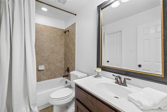 full bathroom with shower / tub combo, oversized vanity, and toilet