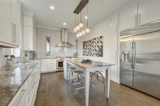 kitchen with decorative backsplash, premium appliances, wall chimney range hood, white cabinetry, and a sink