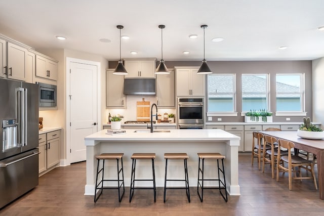 kitchen with pendant lighting, dark hardwood / wood-style flooring, stainless steel appliances, and an island with sink