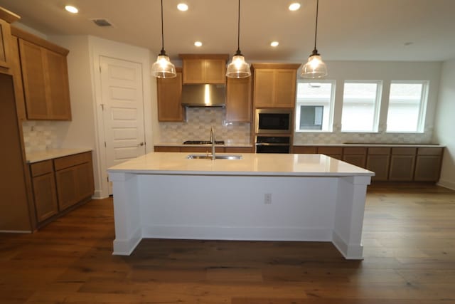 kitchen with dark hardwood / wood-style flooring, a center island with sink, pendant lighting, and appliances with stainless steel finishes