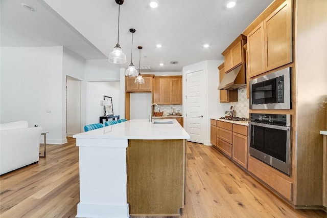 kitchen featuring sink, light hardwood / wood-style flooring, a kitchen island with sink, stainless steel appliances, and decorative light fixtures