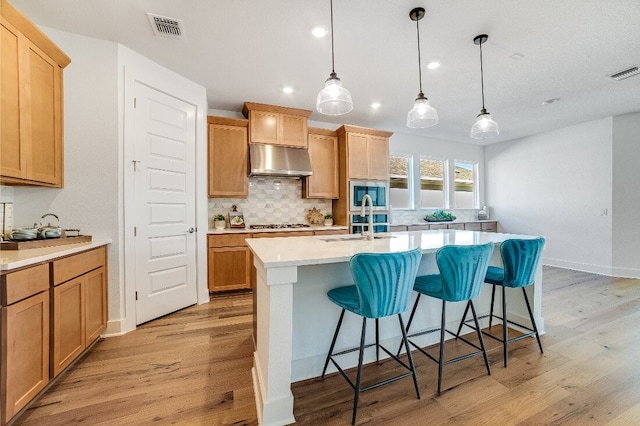 kitchen with pendant lighting, sink, an island with sink, and backsplash