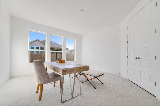 dining area featuring light carpet