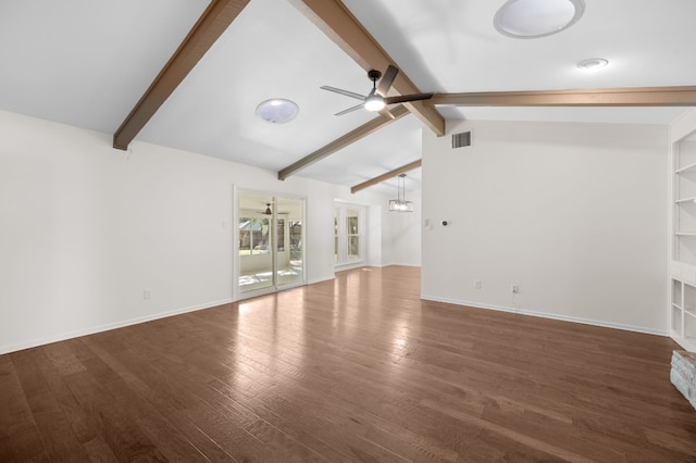 unfurnished living room with vaulted ceiling with beams, ceiling fan, and dark hardwood / wood-style flooring