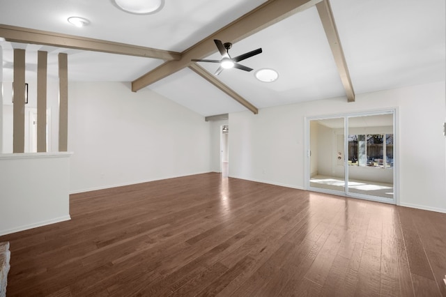 unfurnished living room with vaulted ceiling with beams, ceiling fan, and dark hardwood / wood-style flooring