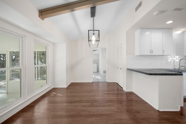 unfurnished dining area with lofted ceiling with beams, dark wood-type flooring, and sink