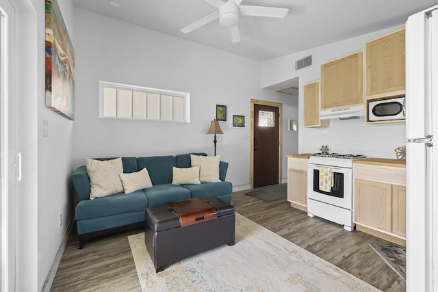 living room with ceiling fan and dark wood-type flooring