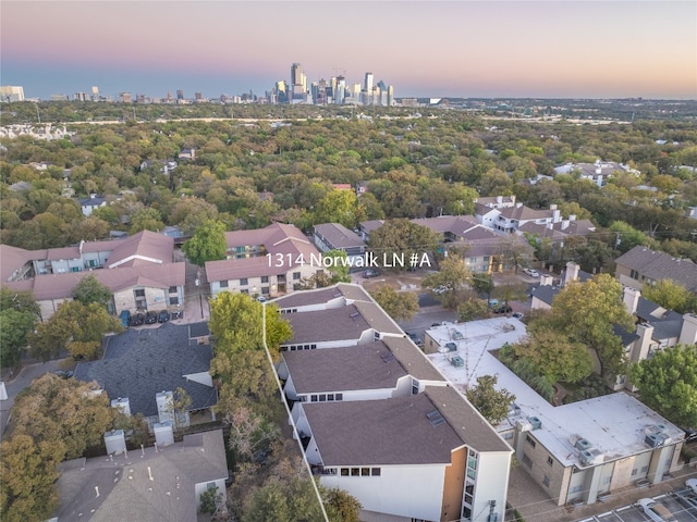 view of aerial view at dusk