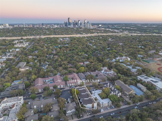 view of aerial view at dusk