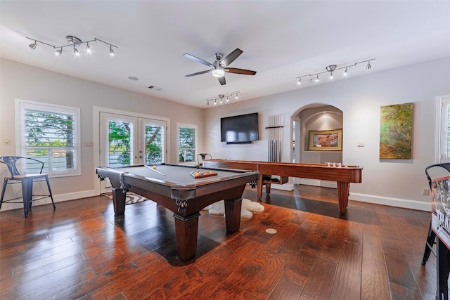 playroom featuring dark hardwood / wood-style floors, ceiling fan, french doors, rail lighting, and billiards