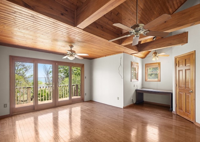 spare room with dark hardwood / wood-style flooring, ceiling fan, and wooden ceiling