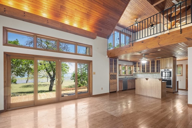 kitchen with tasteful backsplash, a high ceiling, dark hardwood / wood-style floors, and a wealth of natural light