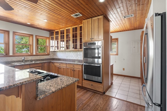 kitchen with tasteful backsplash, light hardwood / wood-style floors, stainless steel appliances, and ceiling fan