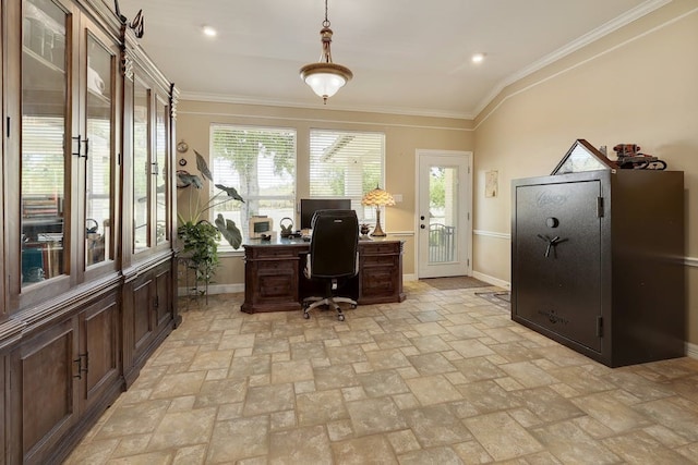 office with ornamental molding and vaulted ceiling