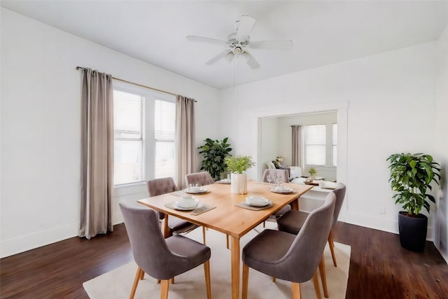 dining room featuring ceiling fan and dark hardwood / wood-style flooring