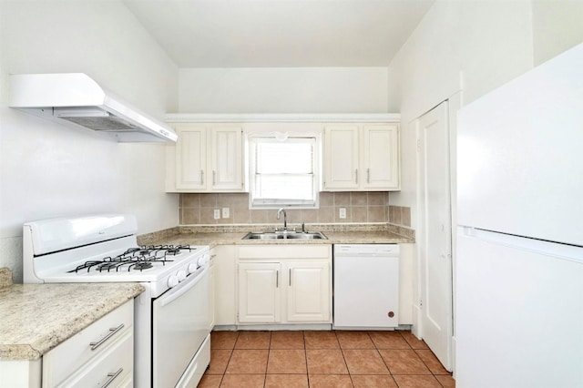 kitchen featuring decorative backsplash, white appliances, extractor fan, sink, and light tile patterned floors