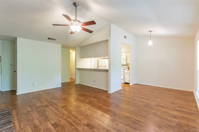 unfurnished living room with ceiling fan, dark wood-type flooring, and high vaulted ceiling