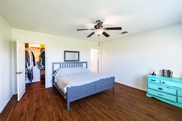 bedroom featuring a spacious closet, a closet, ceiling fan, and dark wood-type flooring