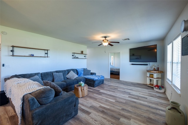 living room with ceiling fan and light wood-type flooring