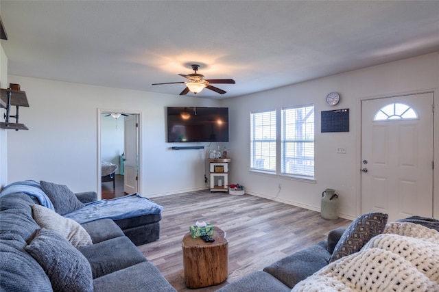 living room featuring ceiling fan, a healthy amount of sunlight, and light hardwood / wood-style floors