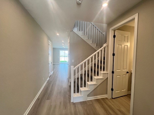 stairway with hardwood / wood-style floors