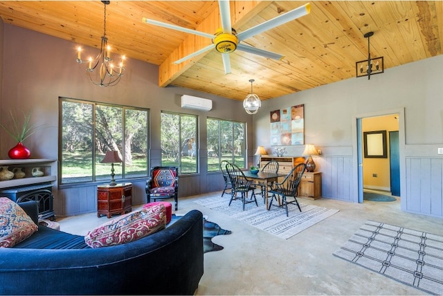 living room featuring a wall unit AC, ceiling fan with notable chandelier, wood ceiling, and plenty of natural light