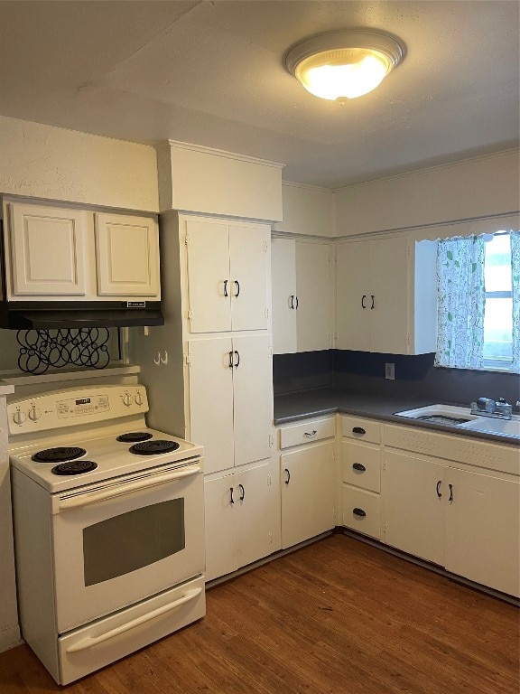 kitchen with sink, white cabinets, white range with electric cooktop, and dark wood-type flooring