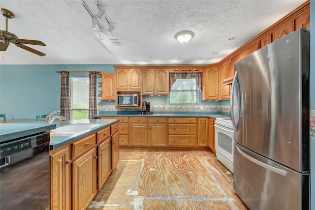 kitchen featuring ceiling fan, stainless steel appliances, a textured ceiling, sink, and rail lighting