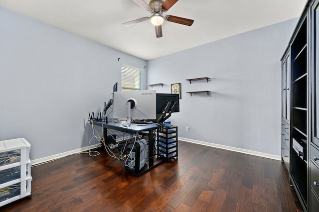 home office featuring dark wood-type flooring and ceiling fan