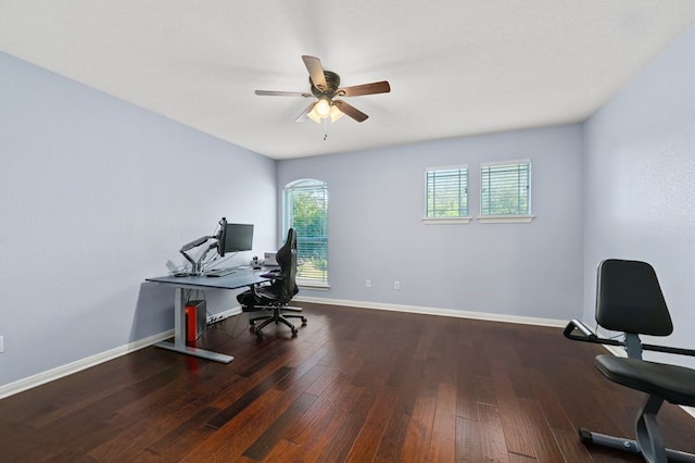 office area featuring dark hardwood / wood-style flooring and ceiling fan