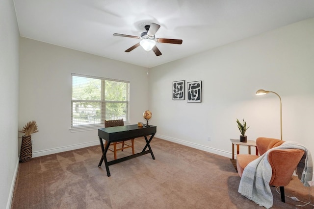 carpeted office with ceiling fan